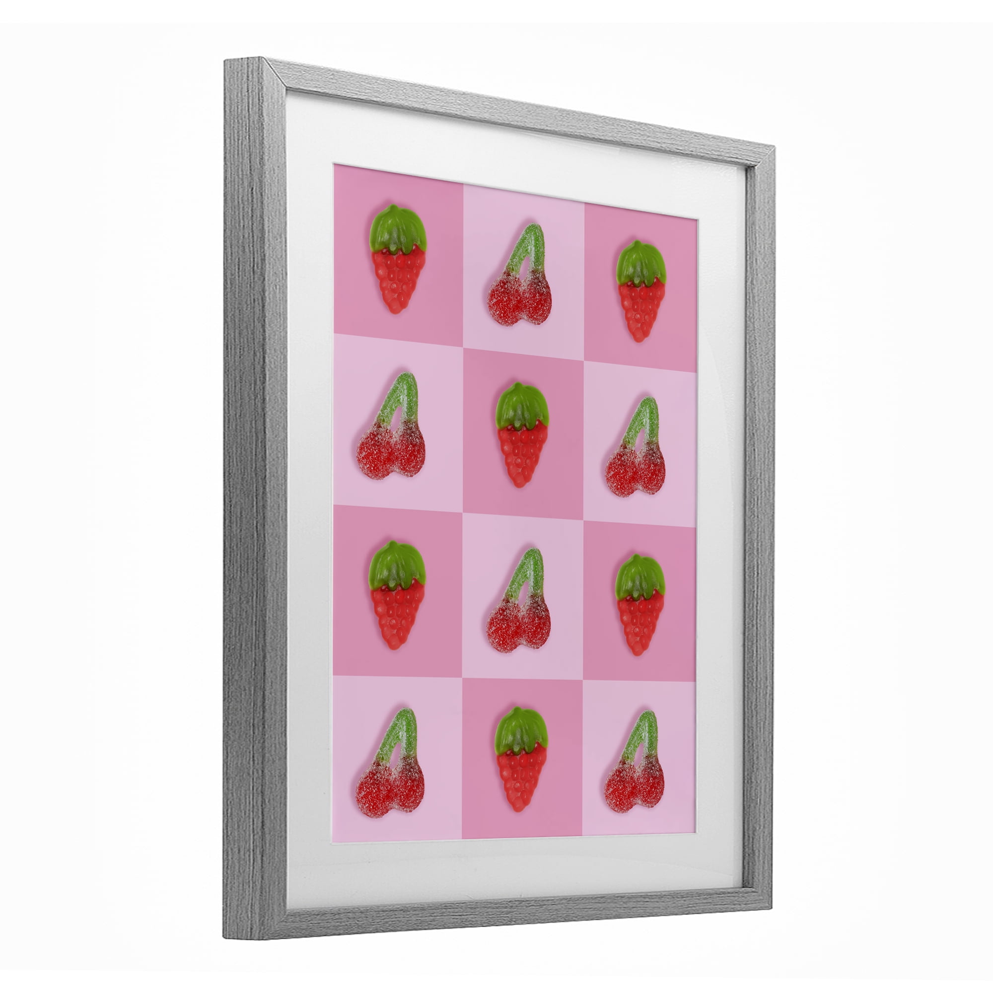 Stupell Industries Gummy Strawberry and Cherry Checkerboard Gray Framed Print Under Glass, design by LISH Creative