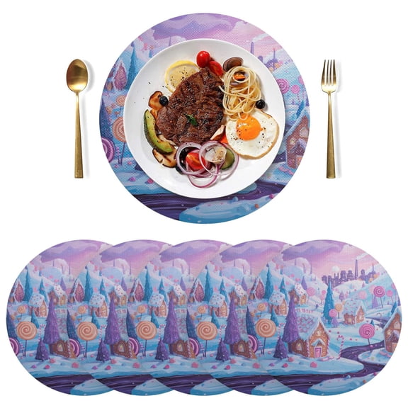 15 Inch Round Grid Plate Mats Heat Non-Slip Resistant PVC Placemats for Kitchen Dining Table Decor Whimsical Candyland Scene 1PCS