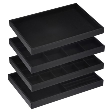 Jewelry Tray, 4 Pack Stackable Jewelry Display Tray with Lid, Velvet Jewelry Organizer for Ring Earring (Black)