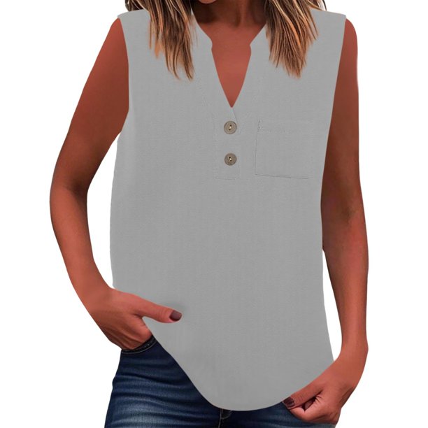 Camiseta sin mangas de verano para mujer, corte holgado, plisada, cuello en V, sin mangas, fluida, informal