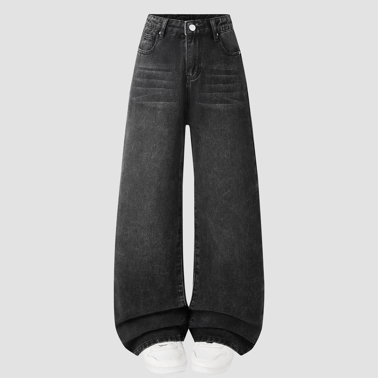 Sonxahe Tween Girl's Washed Wide Leg Denim Jeans Solid Loose Jeans Daily Play Pants,Black