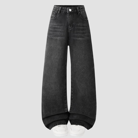 YMNXA Big Kids Girls Denim Pants High Waist Straight Fit Wide Leg Comfortable Fashion Trousers With Pockets Streetwear For Casual Daily Wear,Black,12-13 Years