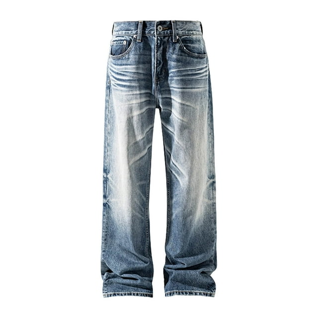 Lovzfmll Men's Solid Color Distressed Denim Jeans, Washed Finish, Straight-Leg for a Cool, Relaxed Vibe Blue, L