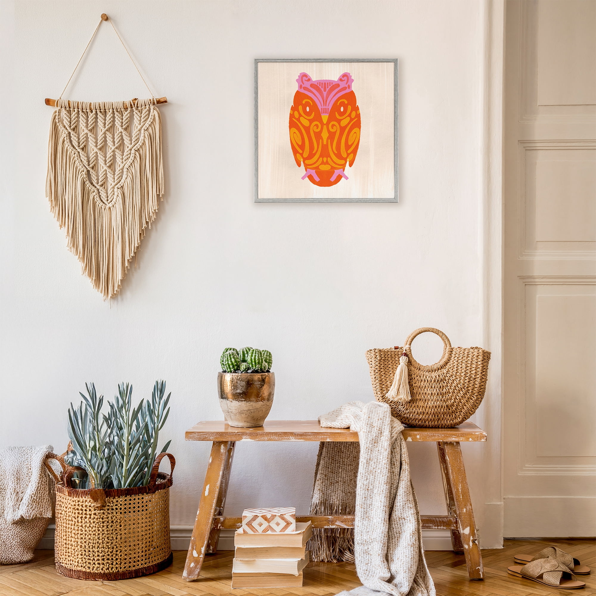 Stupell Industries Vibrant Folk Owl Motif Gray Framed Giclee Art, design by The Paper Curator