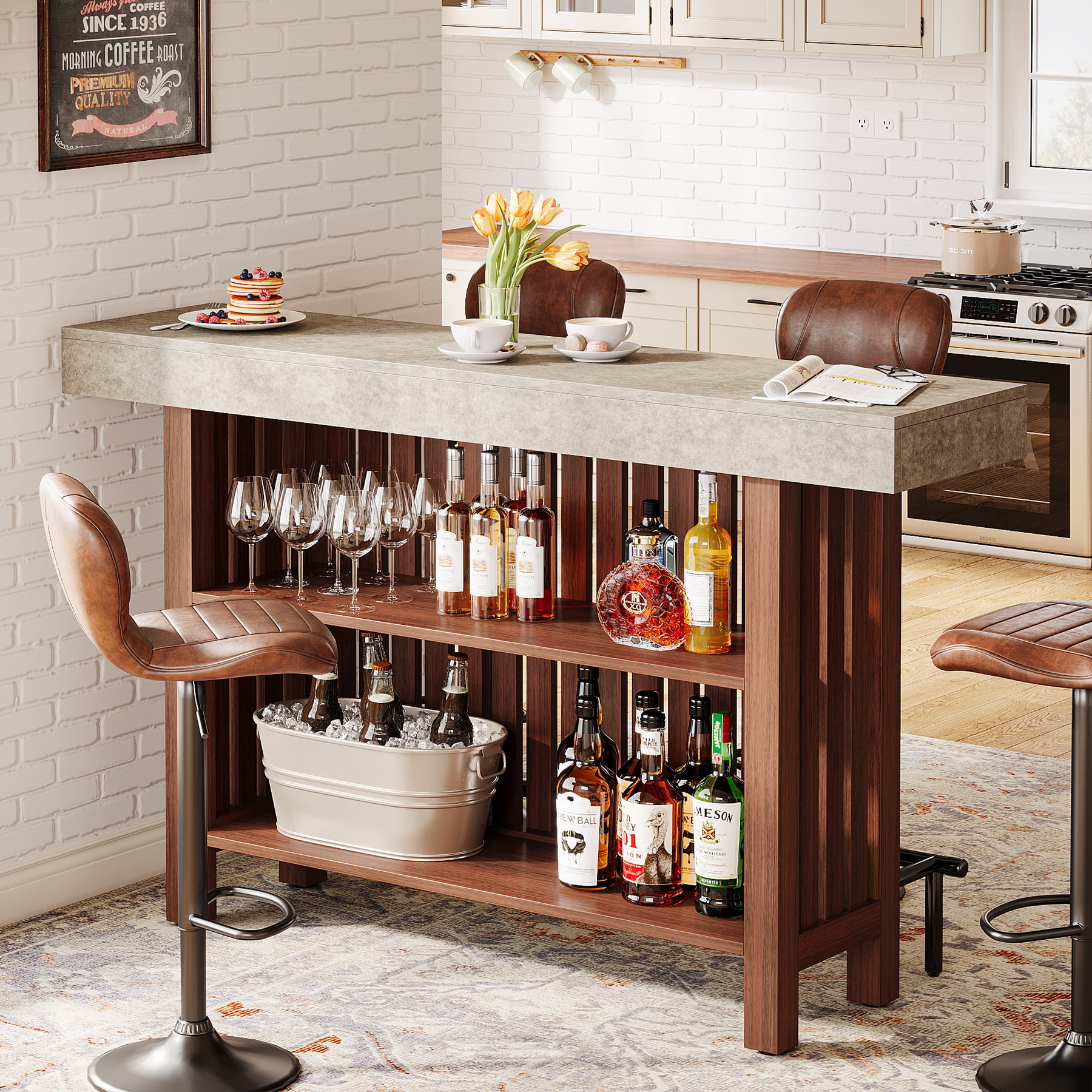 Tribesigns Home Bar Unit, Modern 2-Tier Bar Table with Footrest, Corner Mini Coffee Bar Cabinet for Home Kitchen Pub, Brown