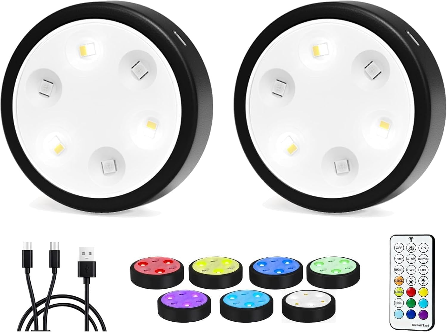 RGHJAR-2-Pack Puck Lights with Remote, 1800mAh Rechargeable Under Cabinet Lighting, 3 Color Temps & 7 RGB Colors, Long-Lasting Dimmable Stick-On Lights for Cabinet, Kitchen, Shelf, Party
