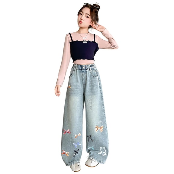 Girls Jeans Wide Leg Straight Leg Denim Pants with Letter Print Bow Loose Fit Casual Trousers for Kids Light Blue 4 Years-5 Years