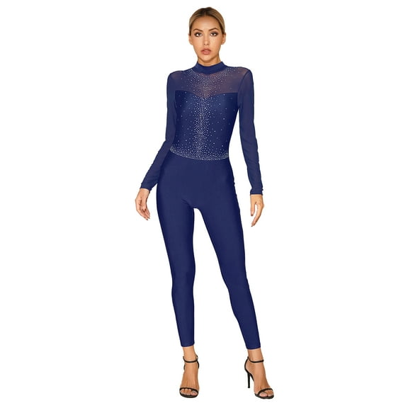 Sholeno Womens One Piece Dance Unitard Long Sleeve Skating Jumpsuit Bodysuit Full Body Gymnastics Navy Blue S