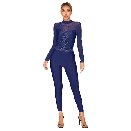 ranrann Women s Shiny Rhinestone Gymnastics Leotard Unitard Full Body Figure Ice Skating Jumpsuit Navy Blue L