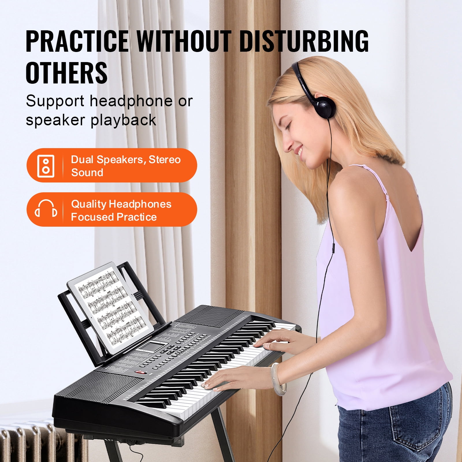KFFKFF 61 Key Electric Piano Keyboard, Semi-Weighted, 200 Unique Rhythms. Compact Digital Piano Includes 60 Preloaded Songs, Integrated Dual Speakers, Headphones Learning Stickers for Novices.