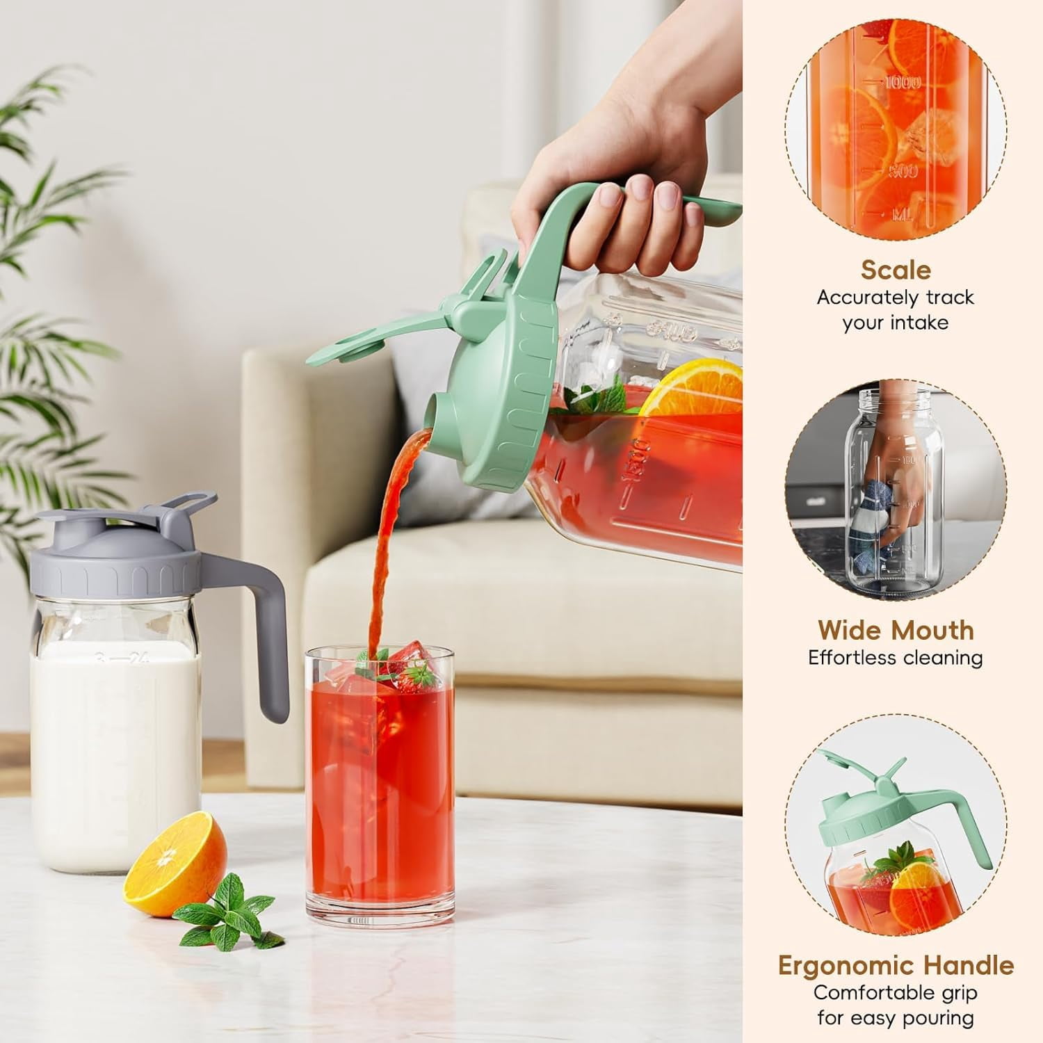 Breast Milk Pitcher - 32 Oz Glass Mason Jar With Dual Leak-proof Design  Airtight Seal Pour Spout & Handle Storage Container For Breastmilk Iced Tea Ice Drinks(2pack Gray)