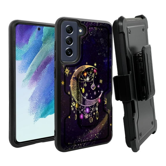 ANJ  Rugged Dual Layer Shockproof Holster Case w/Card Slot   Tempered Glass Cover for Samsung Galaxy S21 FE 5G - Dreaming Crescent Moon