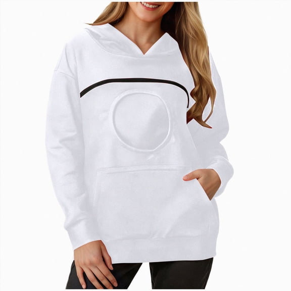 NOLDARES Cat Pouch Hoodie for Women Kangaroo Pocket Dog Pouch Sweatshirts Pet Carrier Animal Holder Long Sleeve Pullover Tops,Light Gray,M