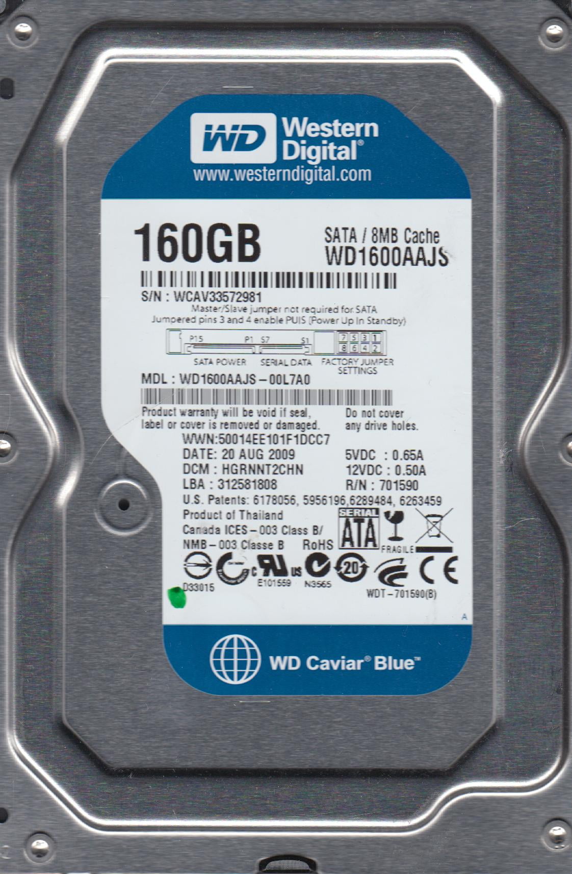 WD1600AAJS00L7A0, DCM HGRNNT2CHN, Western Digital 160GB SATA 3.5 Hard