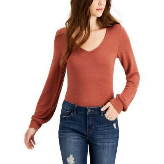 MSRP $29 Self Esteem Juniors' Balloon-Sleeve Cozy Bodysuit Brown Size XL