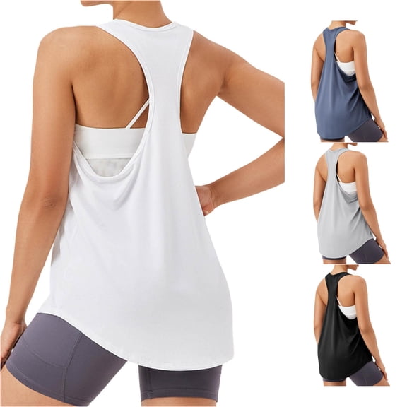 FINALGANG Womens U Neck Racerback Quick Dry Solid Loose Long Athletic Tank Tops Gym Yoga Running Workout Breathable Sleeveless Shirts For Ladies Trendy Top XL