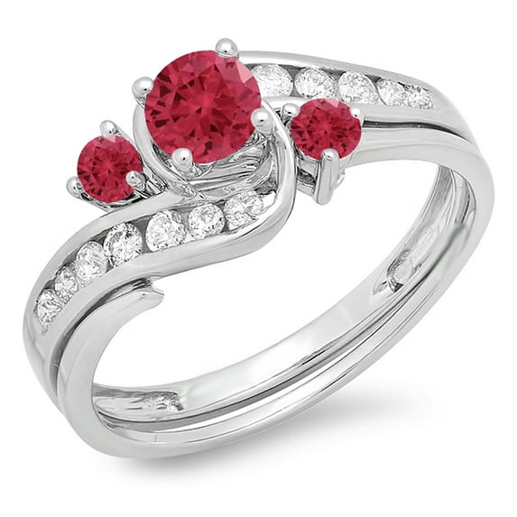 Dazzlingrock Collection 10K Round Ruby And White Diamond Ladies Swirl Bridal Engagement Ring Matching Band Set, White Gold, Size 8