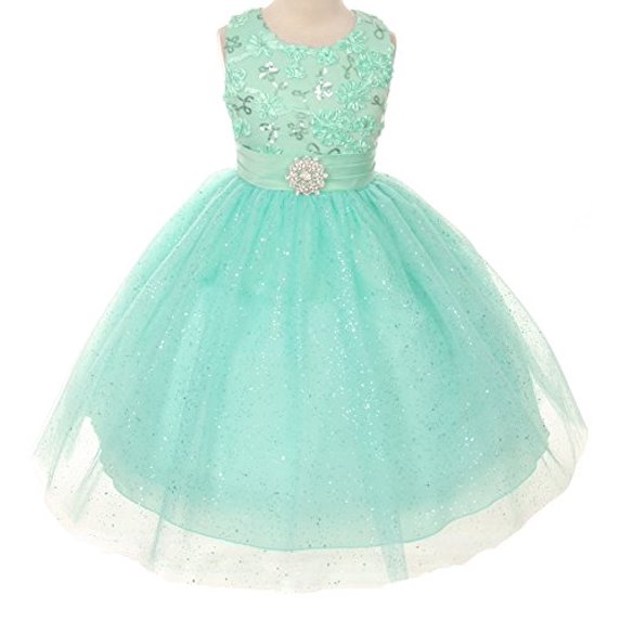 Floral Embroidered Sparkly Sequin Flower Girl Dress Pageant Bridesmaid Wedding Mint 2-14