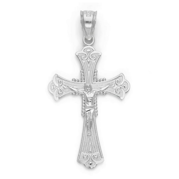 Solid 14k White Gold Crucifix Pendant - Detailed Christian Faith Charm