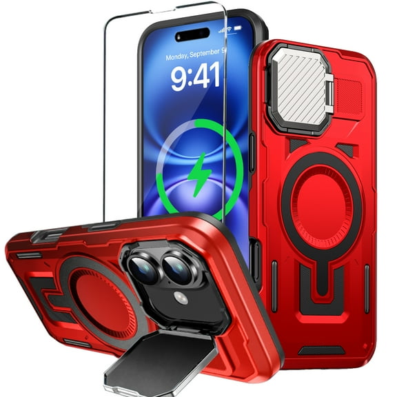 WATEFULL for iPhone 16 MagSafe Case with Adjustable Metal Camera Lens Cover Stand with 1 Screen Protector,[Military-Grade Protection] Rugged Heavy Duty Magnetic Case for iPhone 16 6.1"(Red)
