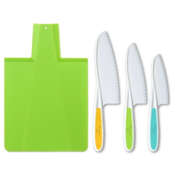 Tovla Jr. Kids Kitchen Knife and Foldable Cutting Board Set: Children's Cooking Knives in 3 Sizes & Colors - Firm Grip, Serrated Edges, BPA-Free Kids' Knives/Safe Lettuce and Salad Knives - Green