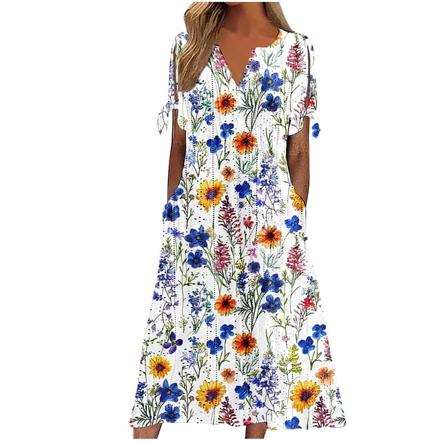Robe Décontractée pour Femmes pour l'Été, Imprimé Vintage, Robe T-Shirt à Manches Courtes, Ample, Midi de Plage, Robe d'Été avec Poches