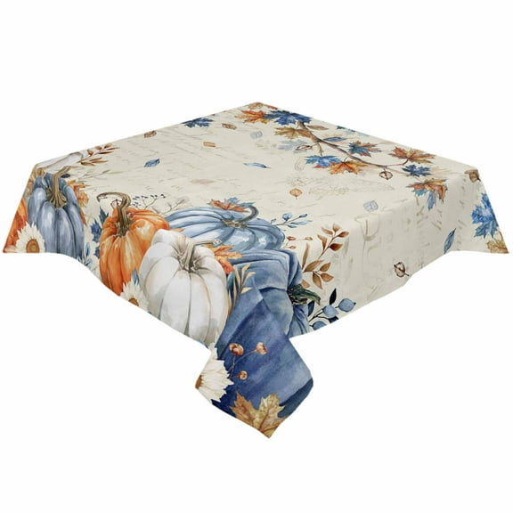 Blue Orange White Pumpkin Square/Round Tablecloths 54x54,Fall Maple Leaf Thanksgiving Table Cloth Table Cover Indoor/Outdoor Tabletop Decor for Wedding Holiday Party Dinner Baby Shower