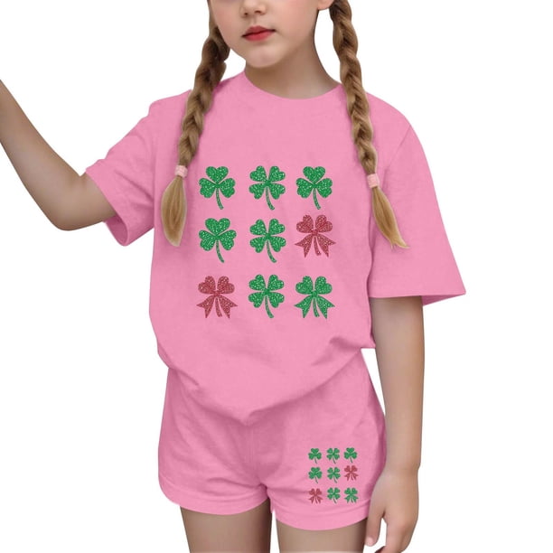 Vestido de Manga Corta para Niños Día de San Patricio Impreso Cuello Redondo de Dos Piezas con Pantalones Cortos, Cómoda Mezcla de Poliéster Spandex