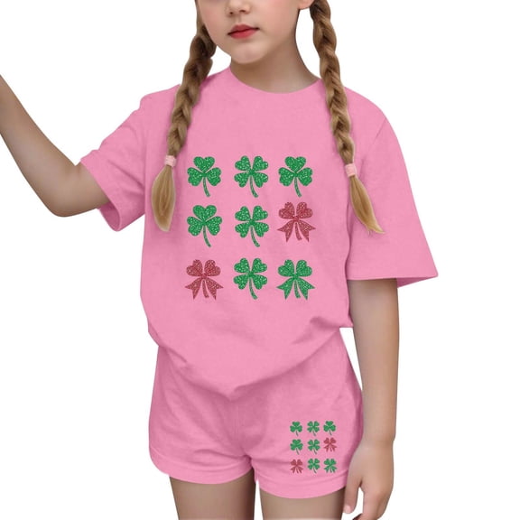 NAISIBABY Kids Girls Outfit Set, St Patrick's Day Graphic T-Shirt & Shorts 2-Piece Summer Casual Fashion Clothes Pink 14T