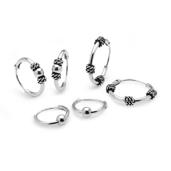 Sterling Silver 10mm, 12mm & 14mm Polished Bead, Bali & Bali Bead Endless Hoop Earrings, Set of 3