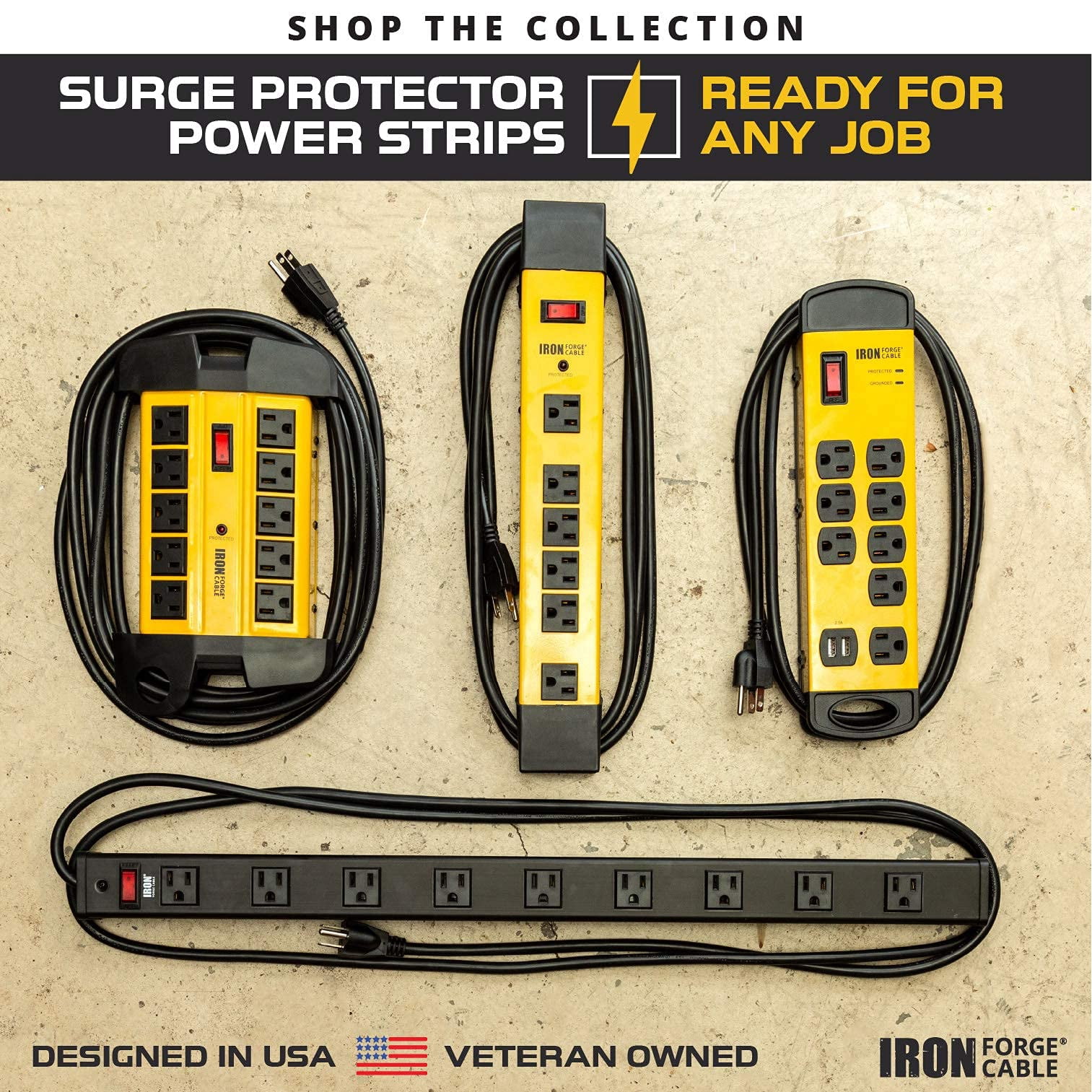 Iron Forge Cable 9 Outlet Heavy Duty Surge Protector Power Strip with Built-in Circuit Breaker, 14/3 SJT Black & Yellow with 9 ft Extension Cord
