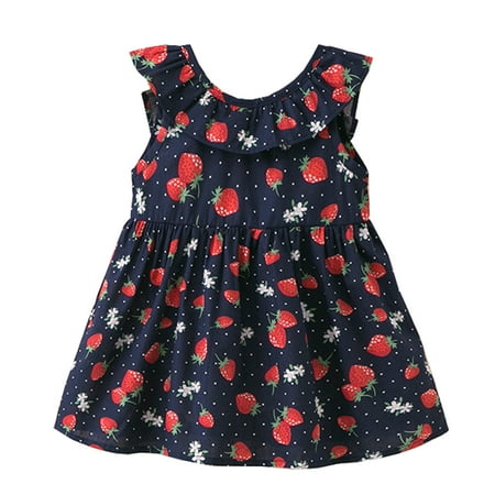 Navy Blue Clothing Styles I Love Little Kid Girls Sunflower Strawberry Print Sleeveless Cotton Summer Dress Casual Clothes Outfit (Strawberry Navy Blue, 100/2-3 Years) ()
