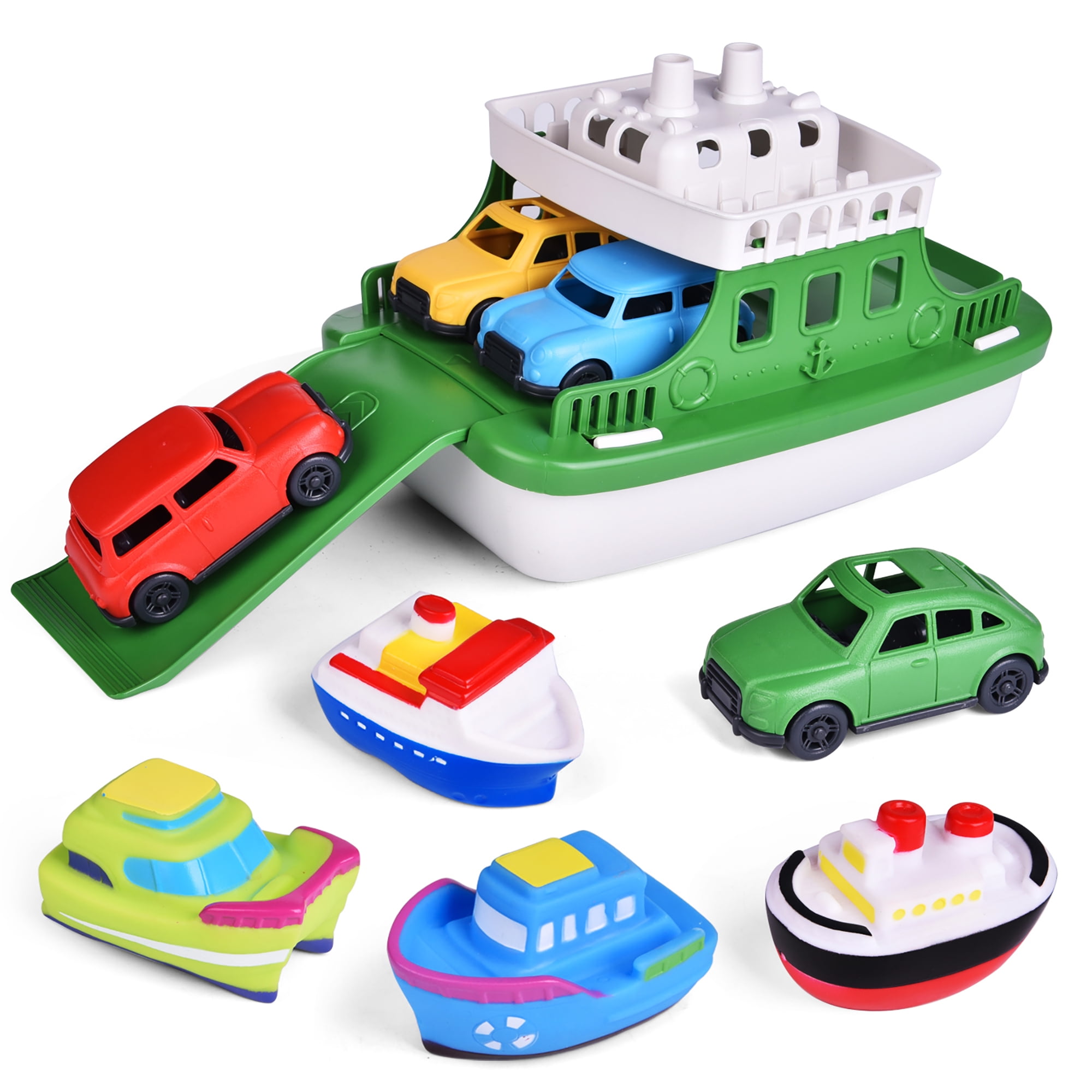 FUN LITTLE TOYS Toy Ferry Boat Bath Toy for Toddlers with 4 Cars Toys and 4 Bath Boats Squirters