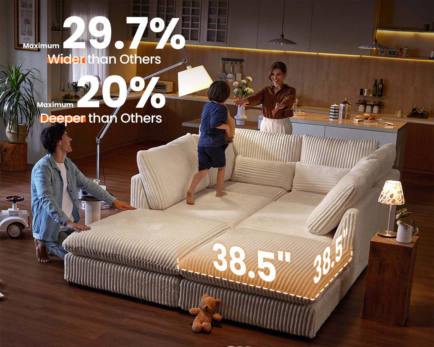 CHIC HOUSE Oversized Modular Sofa,Extra Deep Cloud Corduroy Sectional Couch with Ottoman Chaise,FSC Certified Fluffy Chenille 6 Seater Sofa Bed for Living Room,Villa
