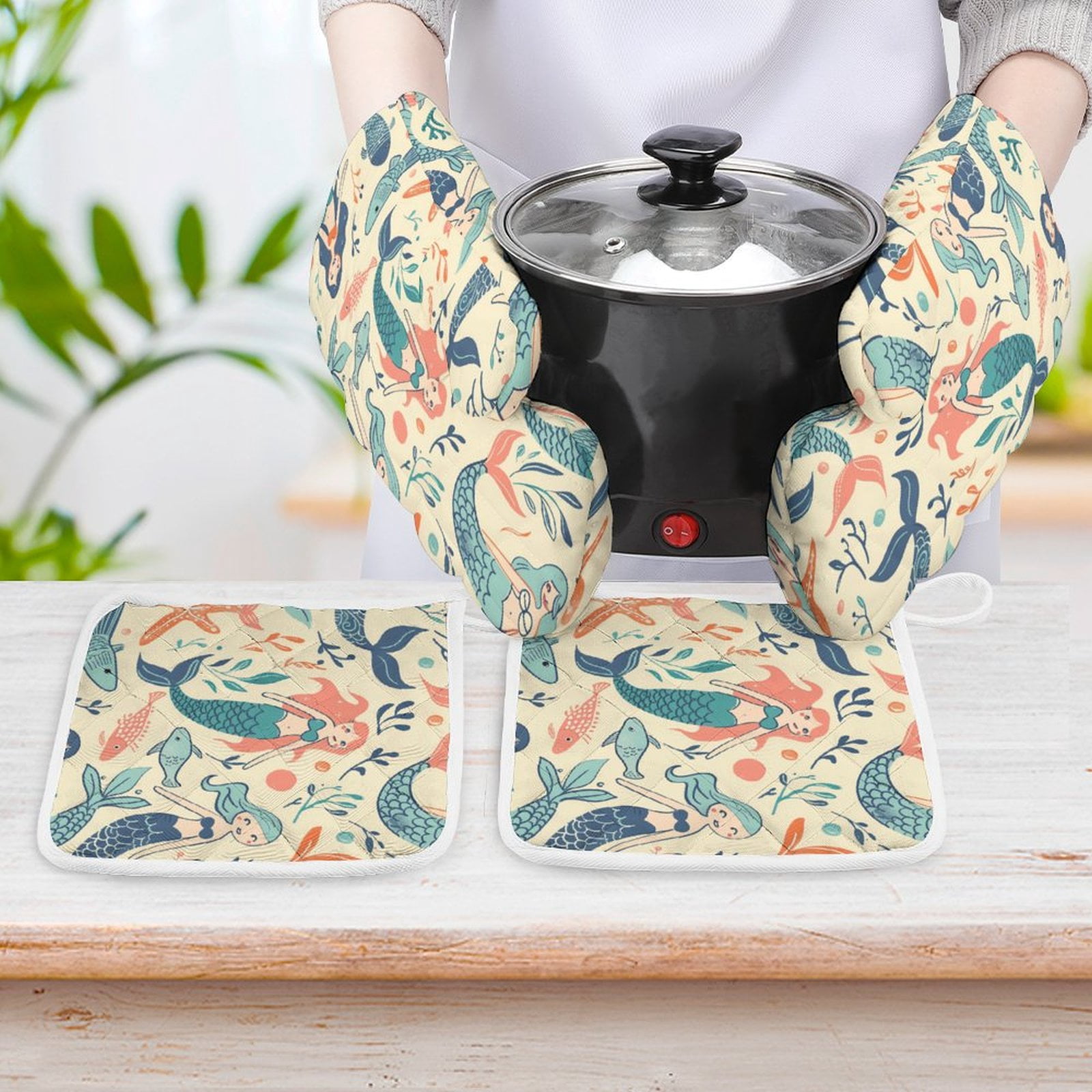 Ocean Cute Mermaid Oven Mitt And Pot Holder Set Oven Glove for Kitchen Baking Cooking Grilling