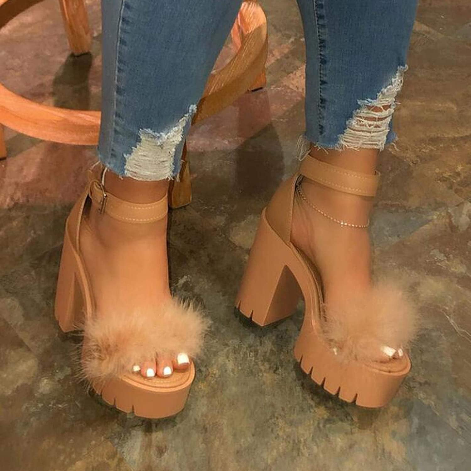 US$29.52- Shoes Women Ankle Strap Chunky High Heels Summer Fluffy Fake  Women Sandals Party Platform Pumps Ladies Zapatos Mujer-Description
