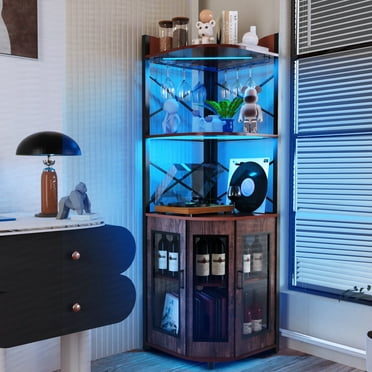 YISUFO 5 Tier Corner Bar Cabinet with Power Outlet, LED Lights, Wine Rack Display Shelves & Glass Holder, Storage Cabinet Corner Shelf For Living Room Kitchen