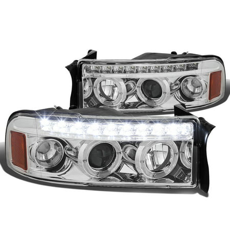 For 1994 to 2001 Dodge Ram LED DRL Strip Dual Halo Ring Projector Headlight Chrome Housing Amber Corner Headlamp 95 96 97 98 99 00 1500 2500 (Best Led Headlights For Ram 1500)