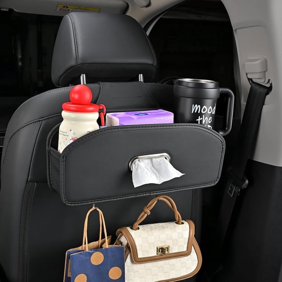 Backseat Car Organizer - Multifunctional Car Storage with Cup Holder, Tissue Holder & Hook, Universal Seat Back Organizer