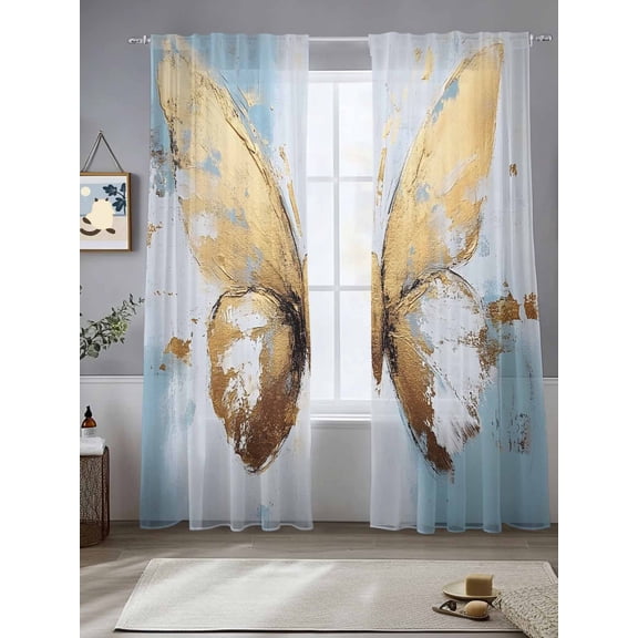 Gold Butterfly Sheer Curtains 84 Inches Long 2 Panels Abstract Oil Painting Light Filtering Semi Sheer Window Curtains Drapes for Bedroom Living Room 52"x84"