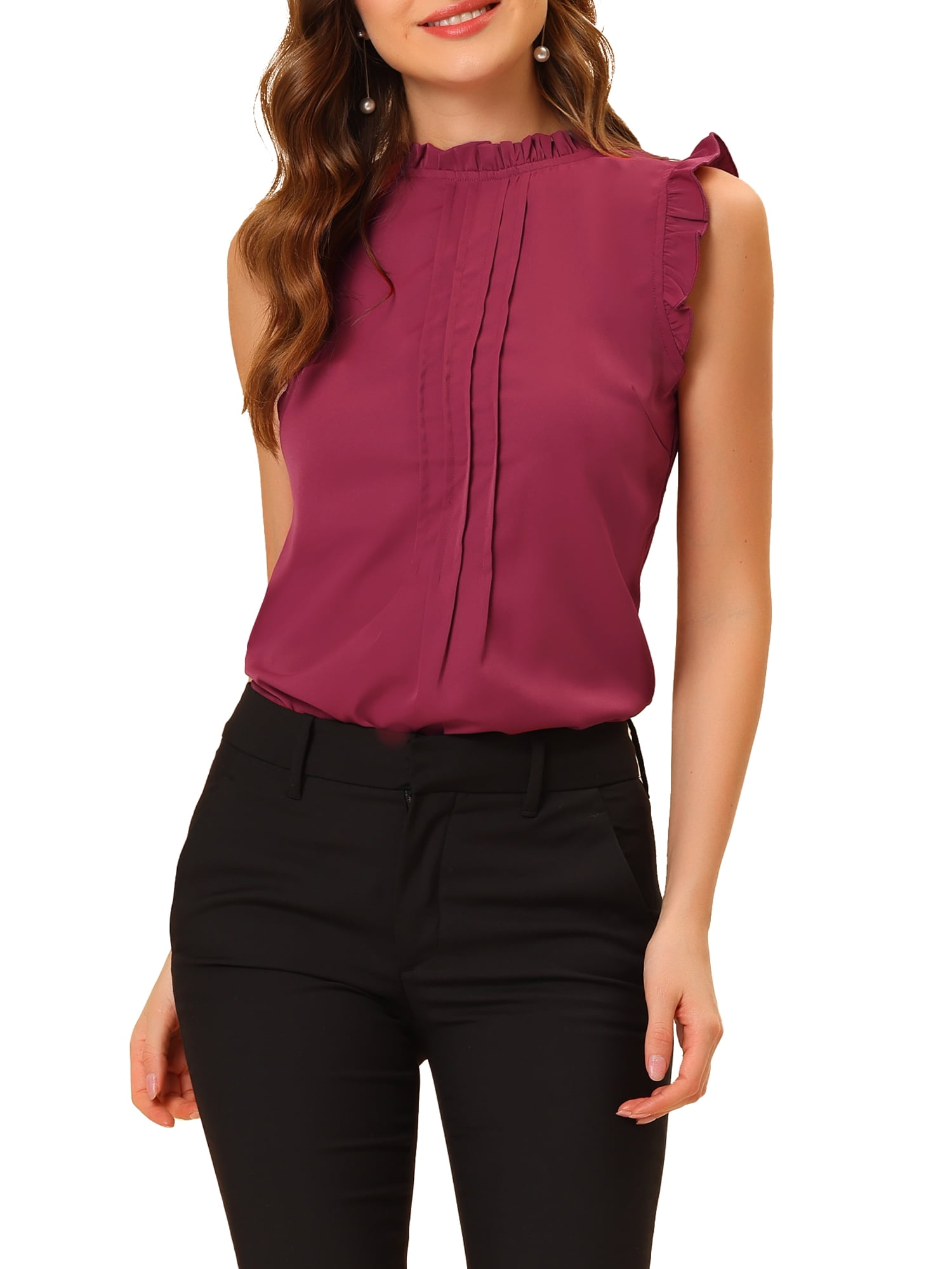 DARING DIVA Women's Ruffled Trim Pleated Plain Blouse Top L Dark Red