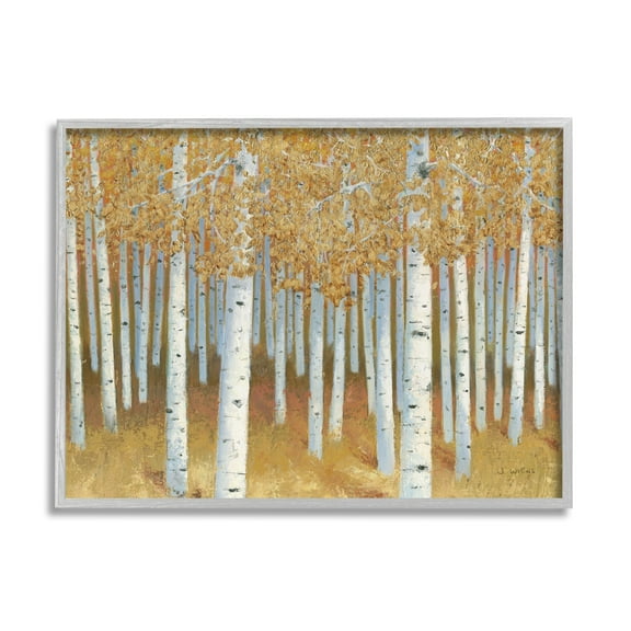 Stupell Industries Autumn Leaves Birch Tree Landscape Rustic Forest Landscape Painting Gray Framed Art Print Wall Art, 24 x 30