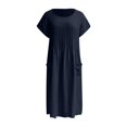 thumbnail image 3 of Women Fashion Long Dress Solid Round Neck Pocket Pleated Short Sleeve Dress Woman's Casual Dresses Causal Maxi Dresses for Women Woman Tan Dress Easter Dresses for Women plus Size Maxi Dresses for, 3 of 4