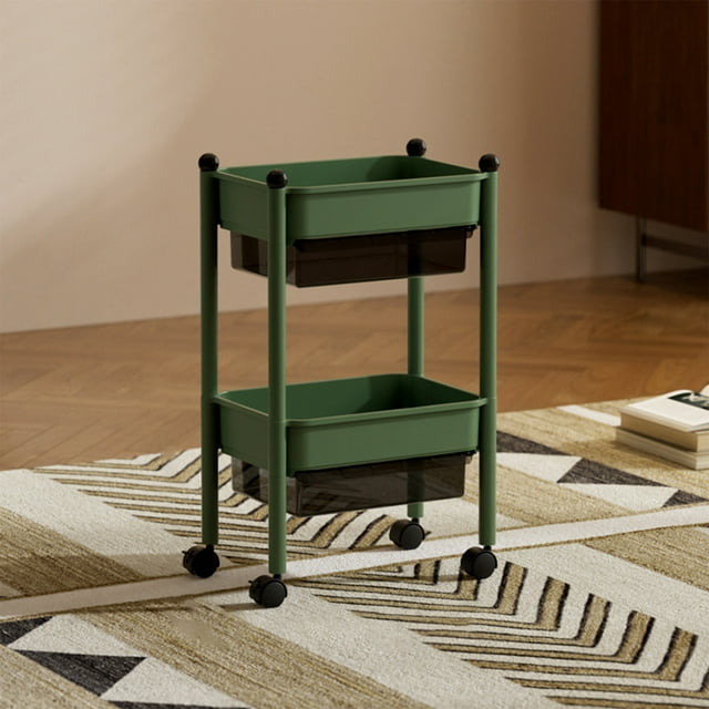 Wheeled Storage Cart with Drawers, Large Capacity Cabinet for Kitchen Living Room, Plastic Beige or Green, Multi Layer Design, 62x32.5x25cm Size for Home Use