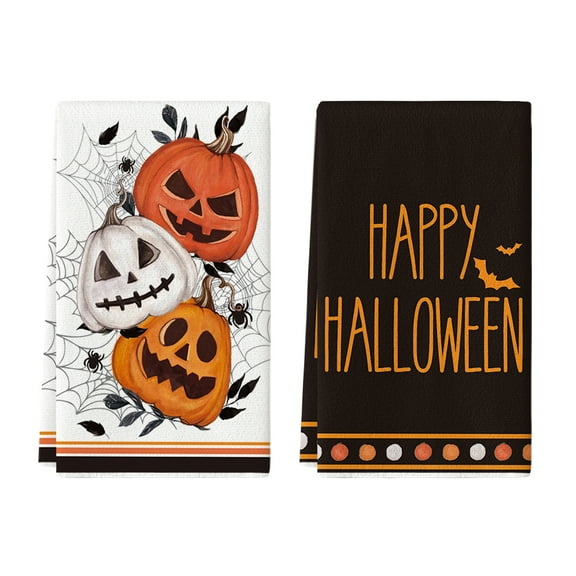 Sm:)e Spider Web Jack-O'-Lantern Pumpkin Happly Halloween Kitchen Dish Towels 18x26 Inch Set of 2