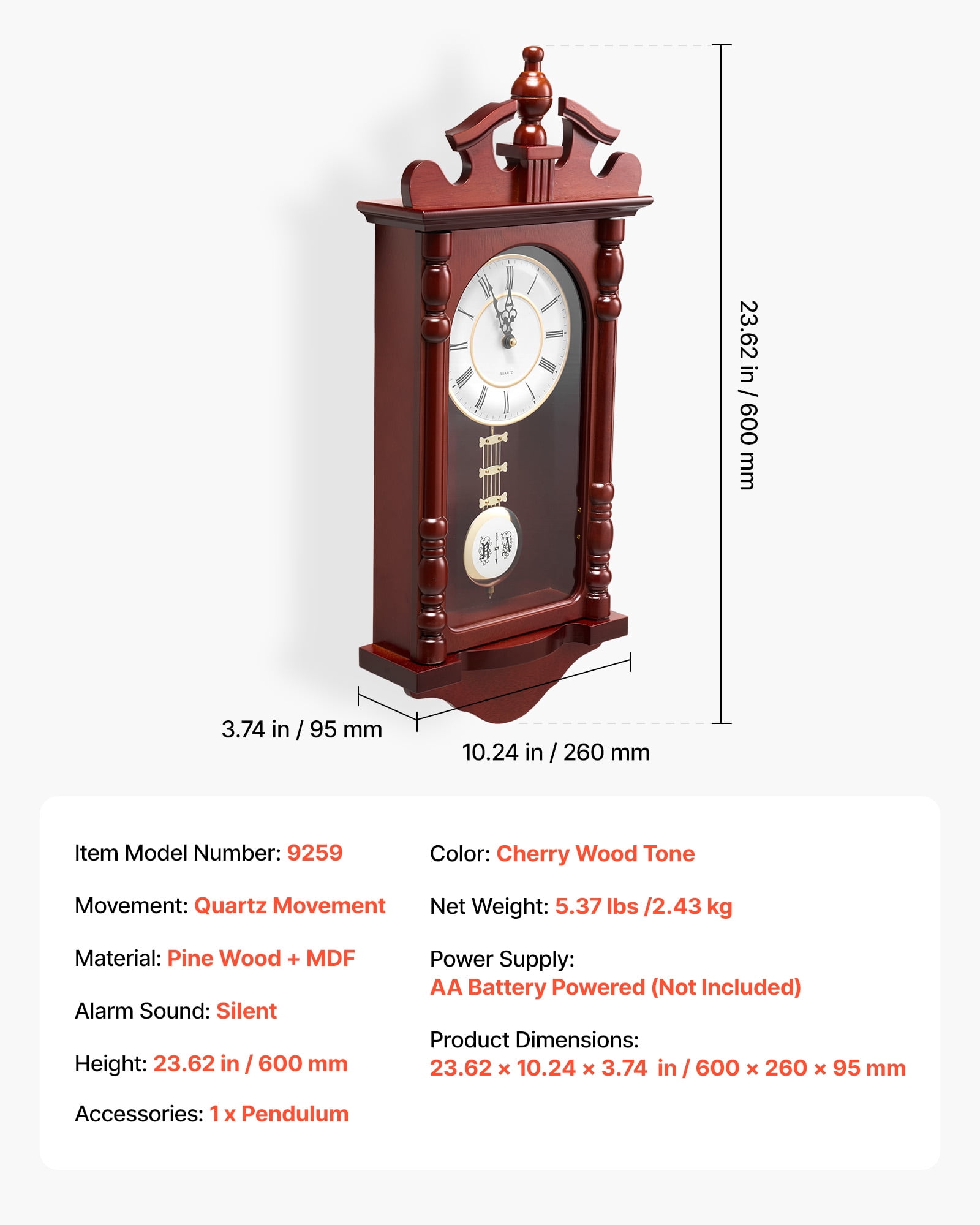 VEVOR Grandfather Clock, 23.2 in Classic Vintage Pendulum Clock, Pine Wood & MDF Wall Clocks with Quartz Movement and Quiet Design, for Living Room, Bedroom, Home Decor & Gift (Cherry Tone Finish)