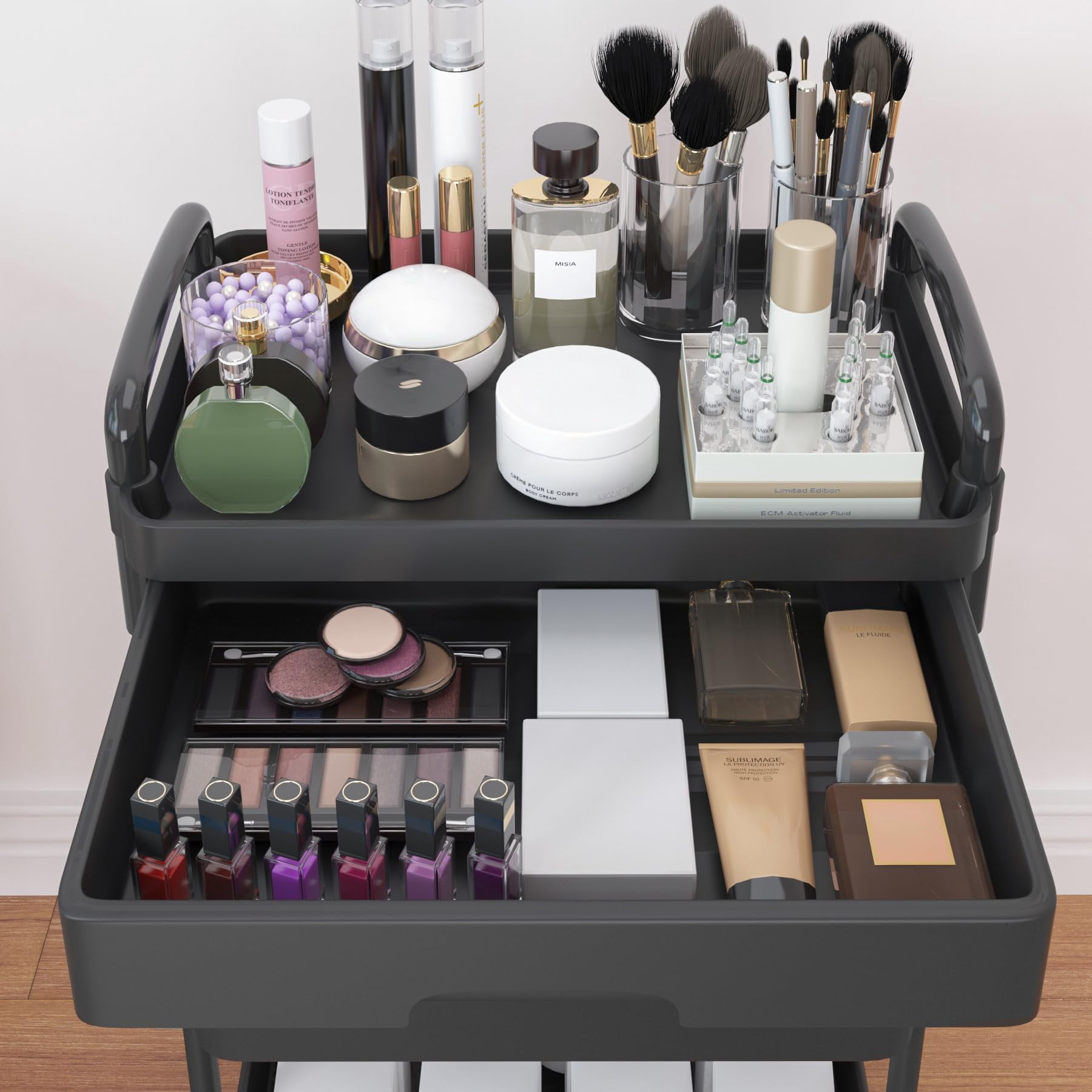 4-Tier Rolling Utility Cart with Drawer Multifunctional Storage Organizer Plastic Shelf Metal Wheels Kitchen Bathroom Office Storage Cart Black
