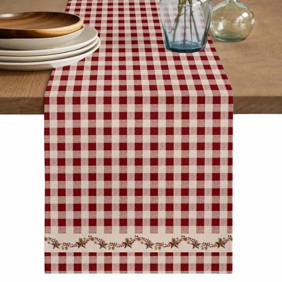 Table Runner 72 Inches Long for Kitchen Dining, Western Texas Star Retro Dresser Scarf Farmhouse, Dining Table Decorations for Wedding/Parties, Country Vintage Red Beige Plaid 14 x 72 In
