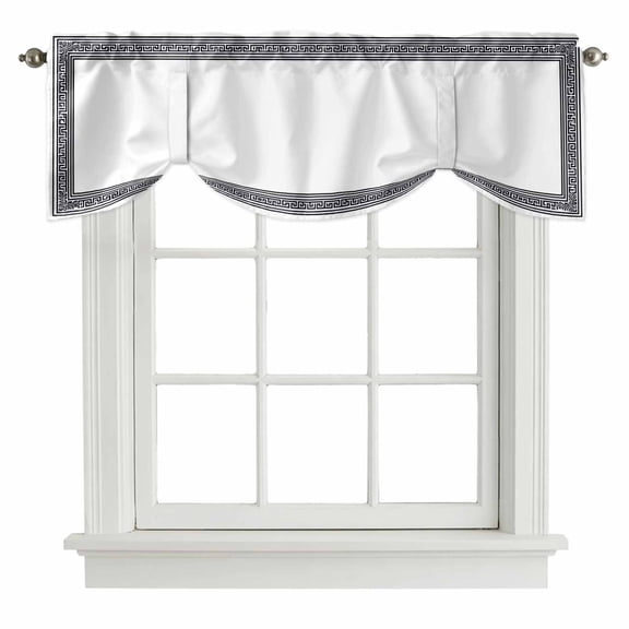 White Greek Key Tie Up Valance Curtains for Windows, Kitchen Curtains Window Treatments, Geometric Greece Ancient Farmhouse Geo Short Window Shades Valances for Bedroom Bathroom Cafe 54"x18"