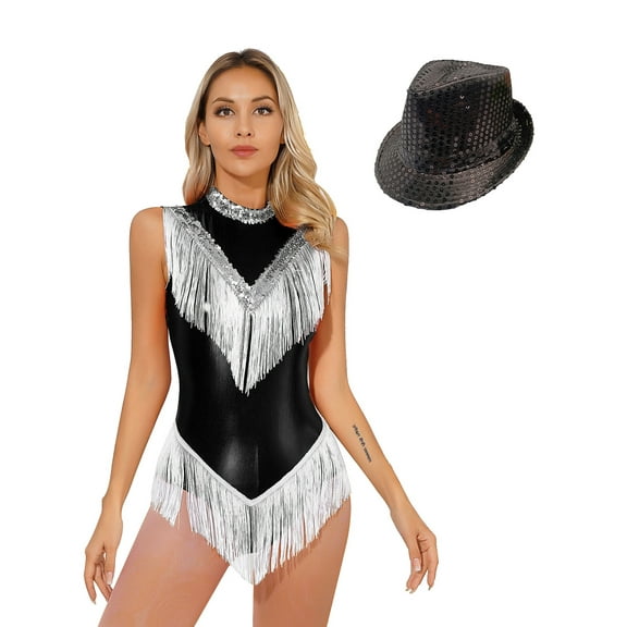 YUUMIN Womens Shiny Fringed Dance Leotard Jazz Latin Tango Dance Dress Cheerleading Costume with Hat Black XL